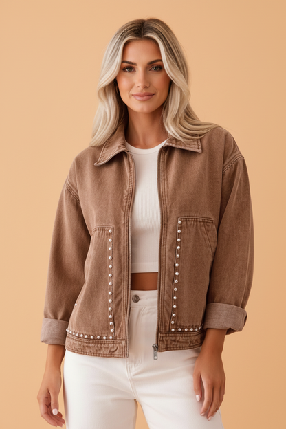Coffee Denim Studded Pocket Zip Up Jacket