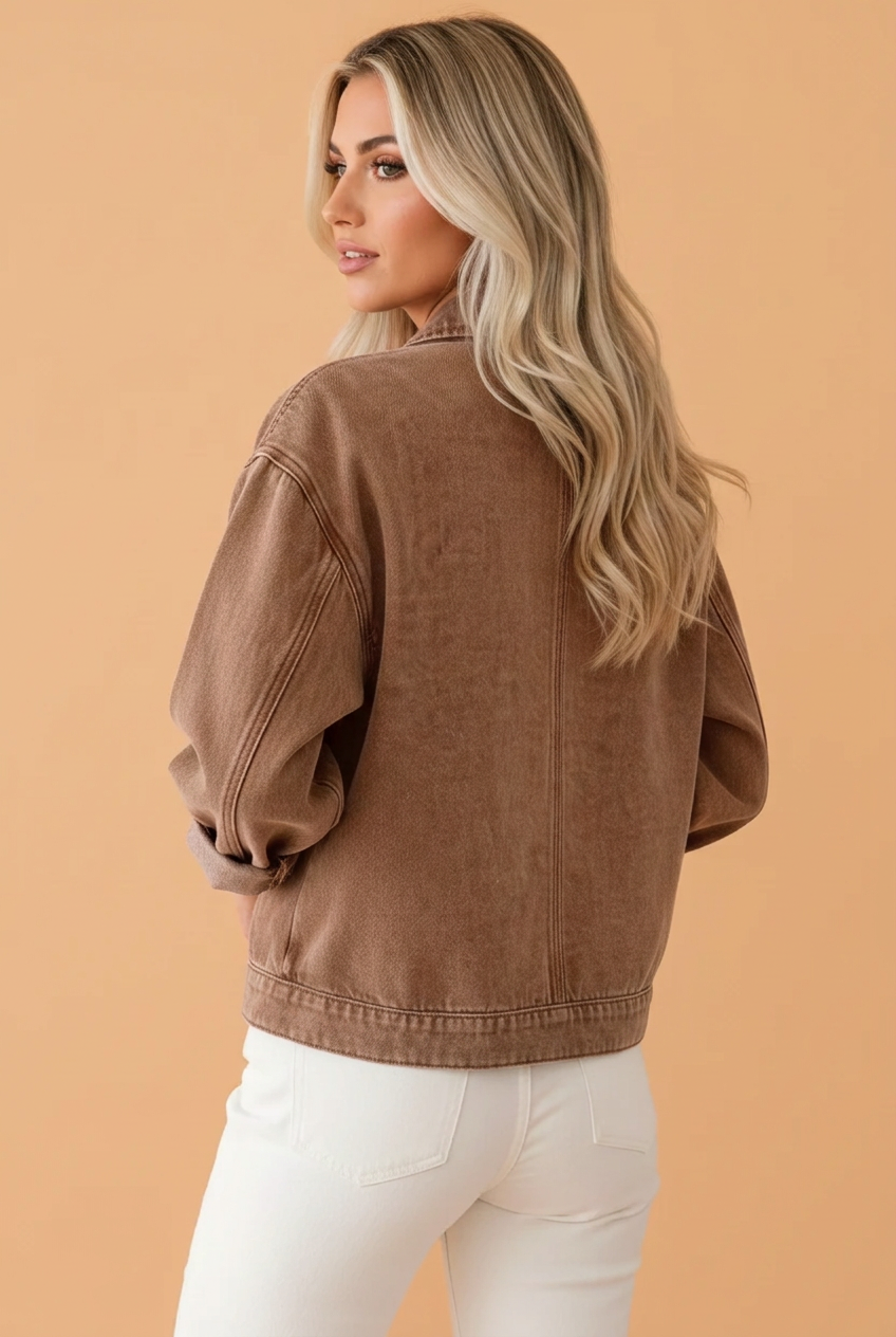 Coffee Denim Studded Pocket Zip Up Jacket