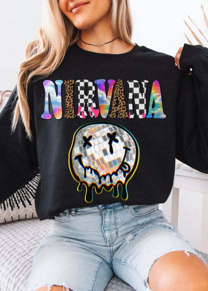 Retro Rock Vibes Grunge Smiley Face Graphic Sweatshirt