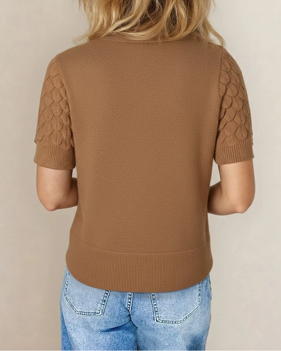 Straw Fish Scale  Textured Knit Ribbed High Neck Short Sleeve Sweater
