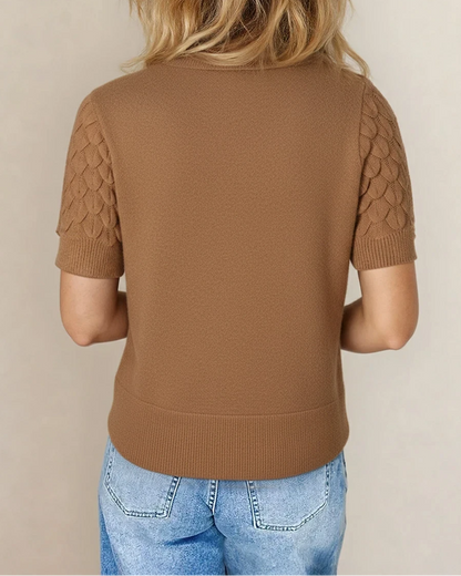 Straw Fish Scale  Textured Knit Ribbed High Neck Short Sleeve Sweater