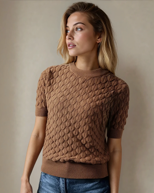 Straw Fish Scale  Textured Knit Ribbed High Neck Short Sleeve Sweater