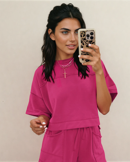 Rose Red Drop Shoulder Boxy Tee and Barrel Pants Set