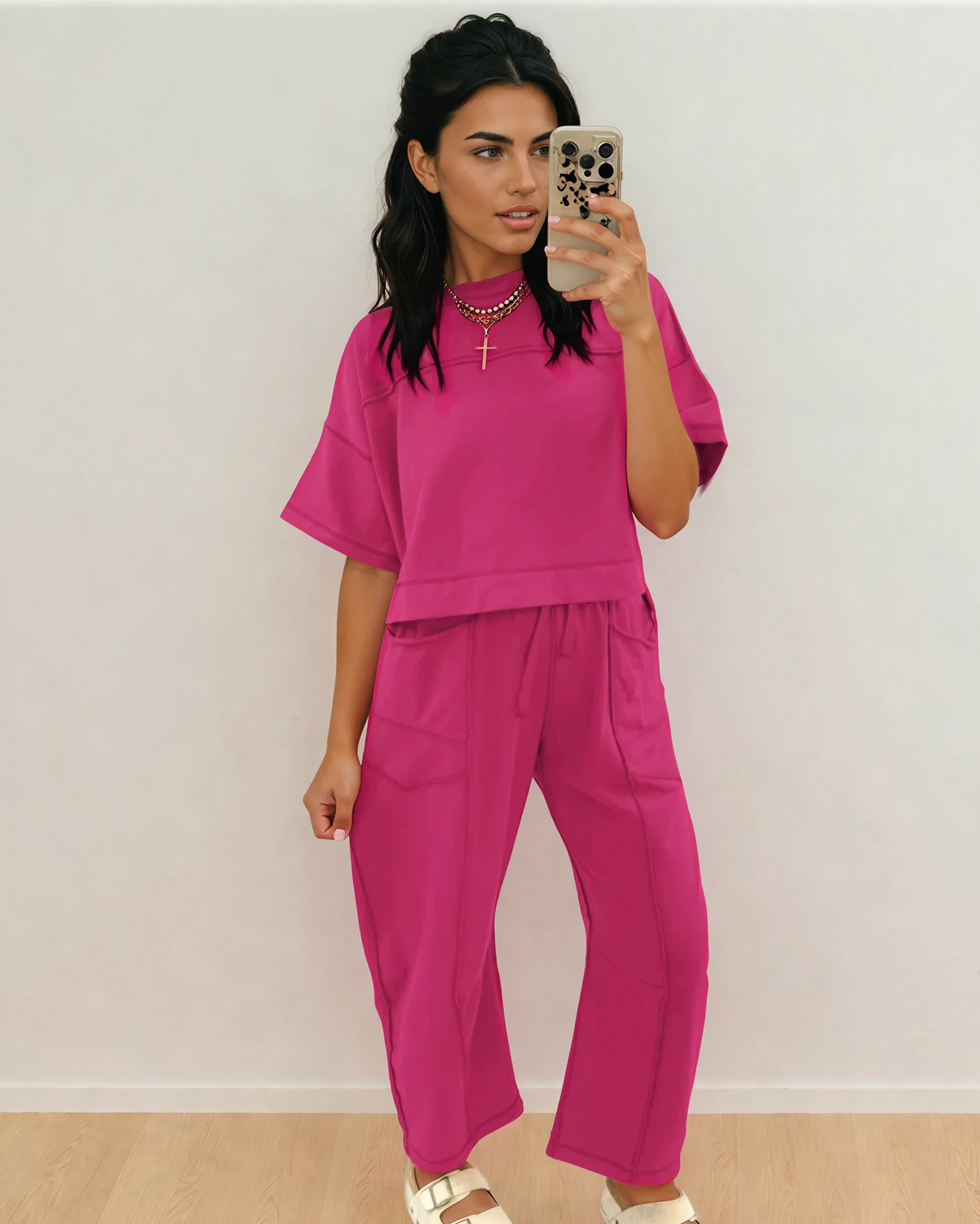 Rose Red Drop Shoulder Boxy Tee and Barrel Pants Set