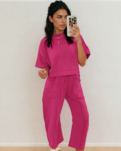 Rose Red Drop Shoulder Boxy Tee and Barrel Pants Set