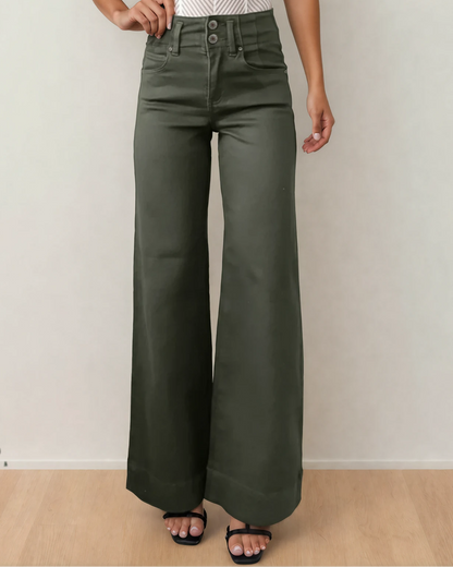 Brooke 2-Button High Waist Olive Flared Bottom Jeans