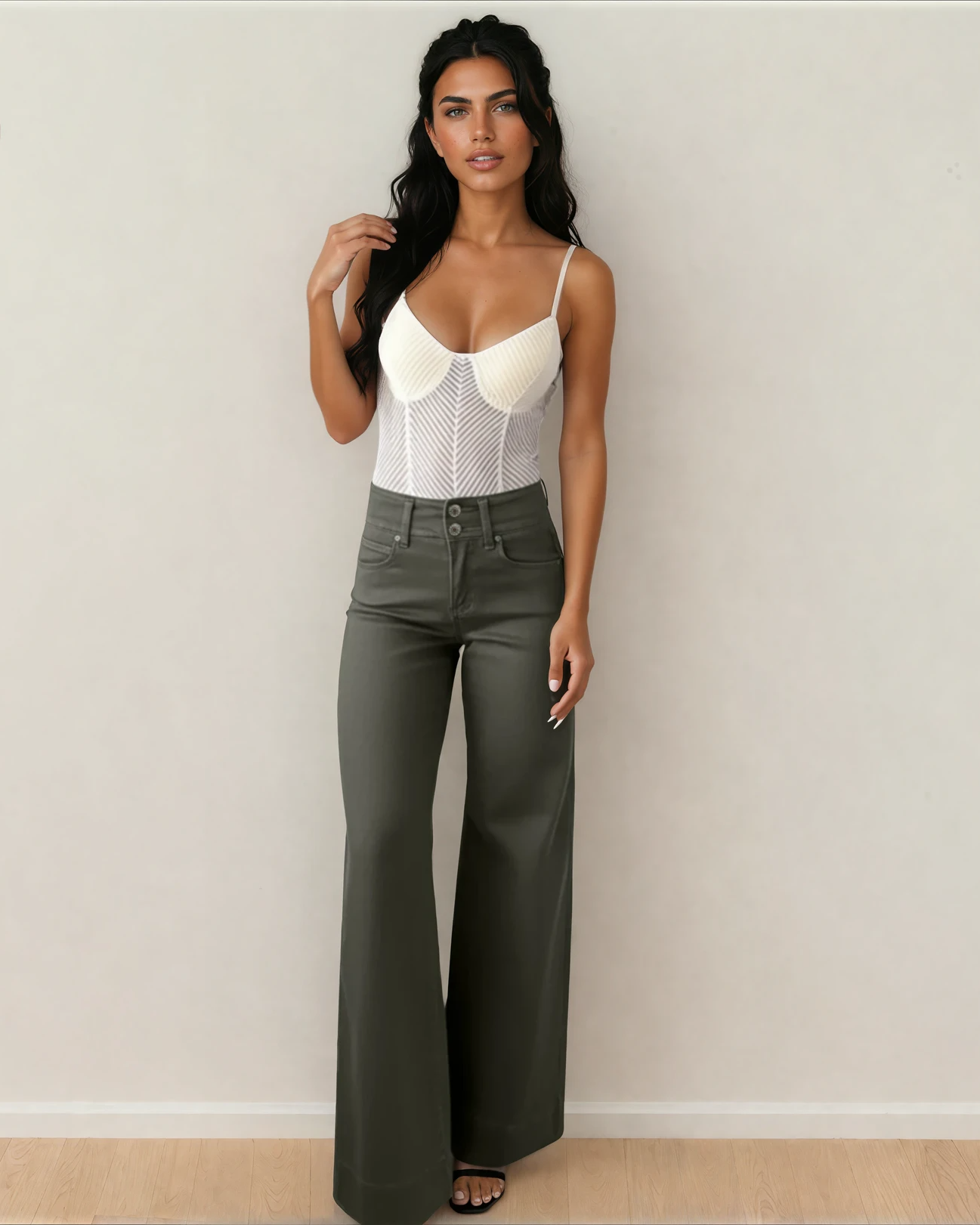 Brooke 2-Button High Waist Olive Flared Bottom Jeans
