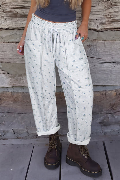 Floral Drawstring High Waist Seamed Barrel Pants