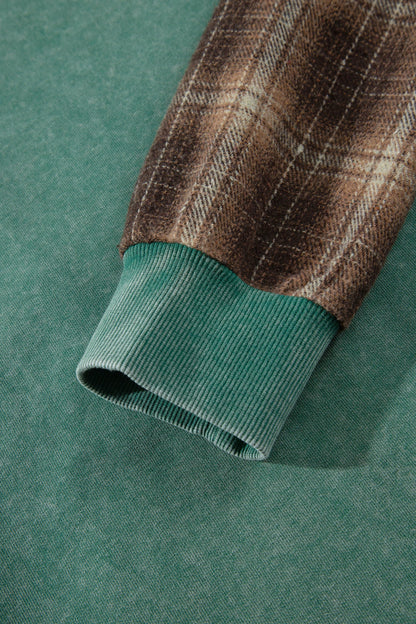 Plaid Patchwork Mineral Wash Drawstring Hoodie