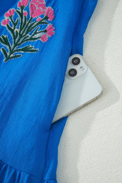 Flower Embroidered Puff Sleeve Ruffle Hem Dress