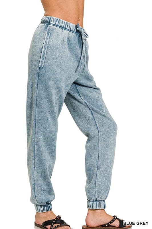 Acid Wash Fleece Sweatpants with Pockets ZENANA BLUE GREY S 