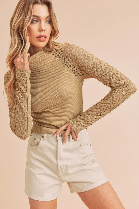 Aemi + Co Suri Top fitted knit shirt Aemi + Co TAN S