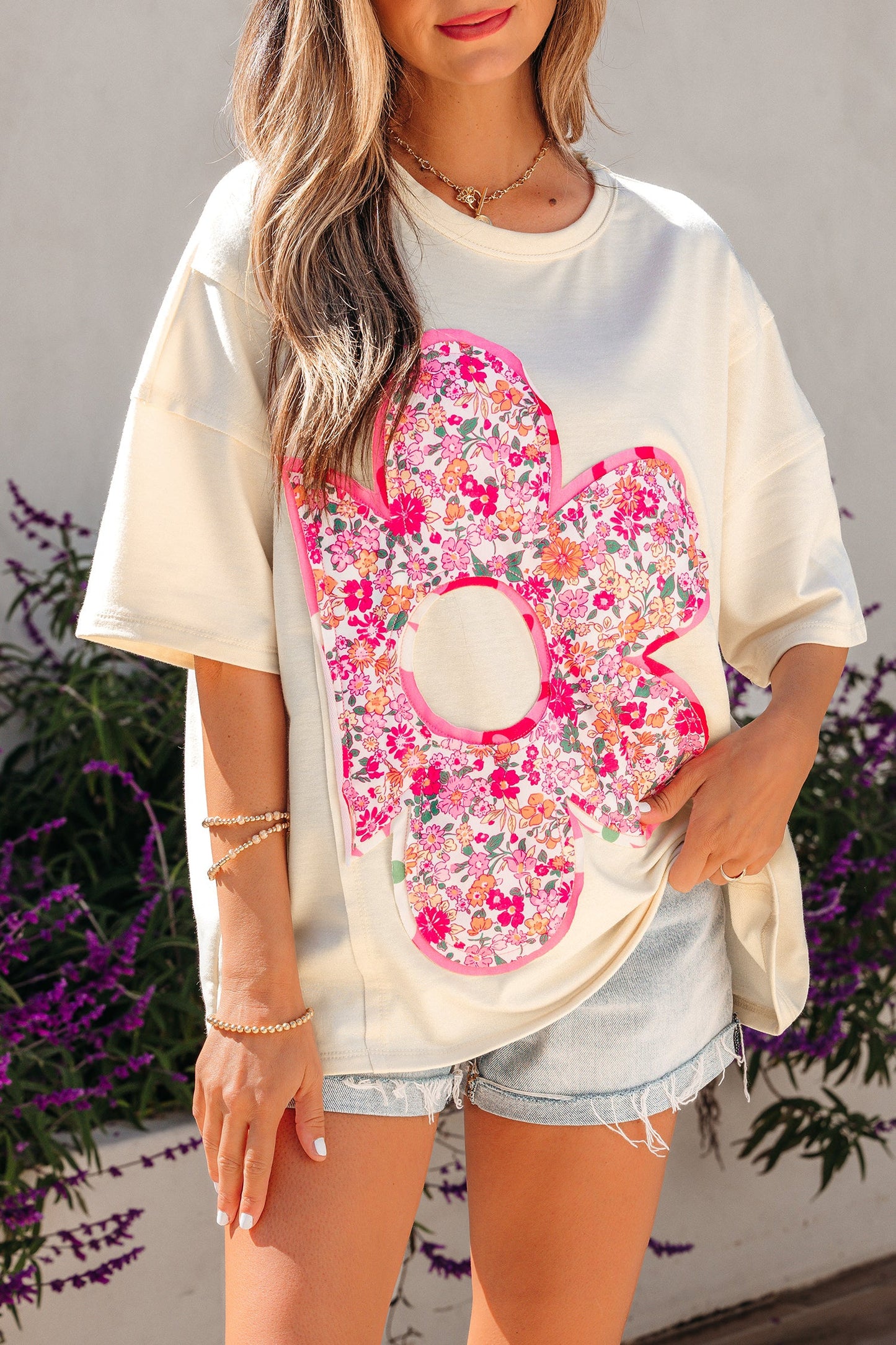 Floral Patchwork Raw Seam Oversize Tee