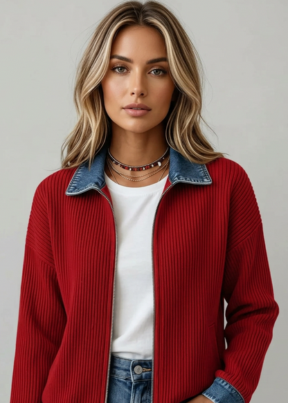 Full Size Denim-Collar Ribbed Knit Zip-Up Jacket Plus Size - Poet Street Boutique