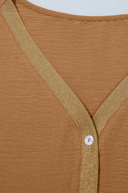 Metallic Trim 3/4 Sleeve Buttoned V-Neck Blouse