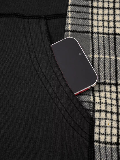 Plaid Sleeve Drawstring Pocket Hoodie - Poet Street Boutique