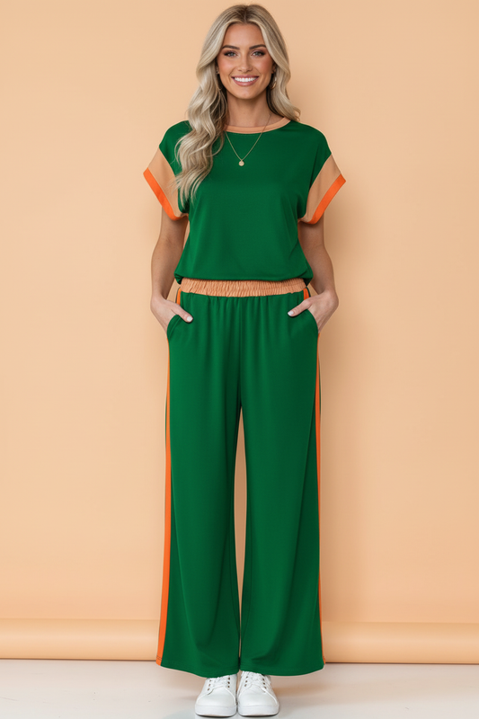 Colorblock Short Sleeve Top & Wide Leg Pants Set