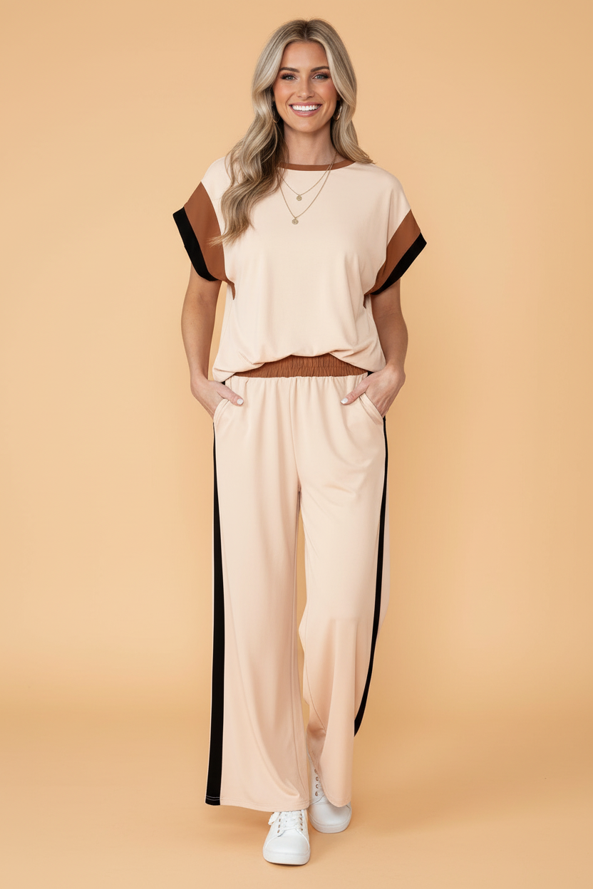 Colorblock Short Sleeve Top & Wide Leg Pants Set