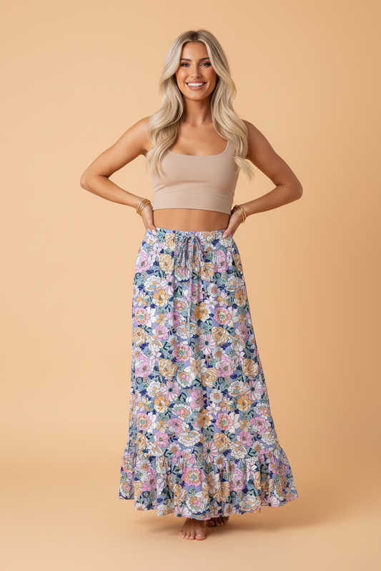 Floral Lace Up High Waist Ruffle Maxi Skirt