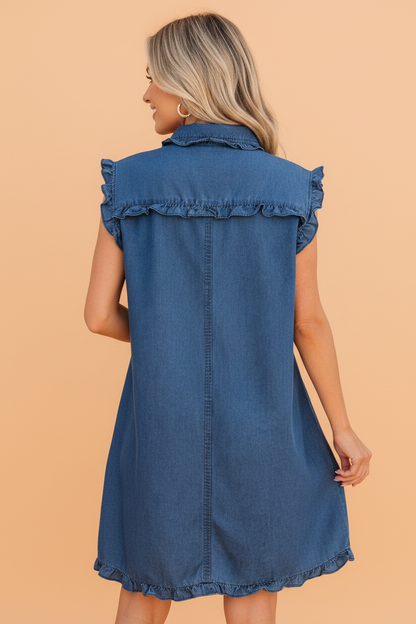 Denim Ruffle Edge Collared Button Up Dress