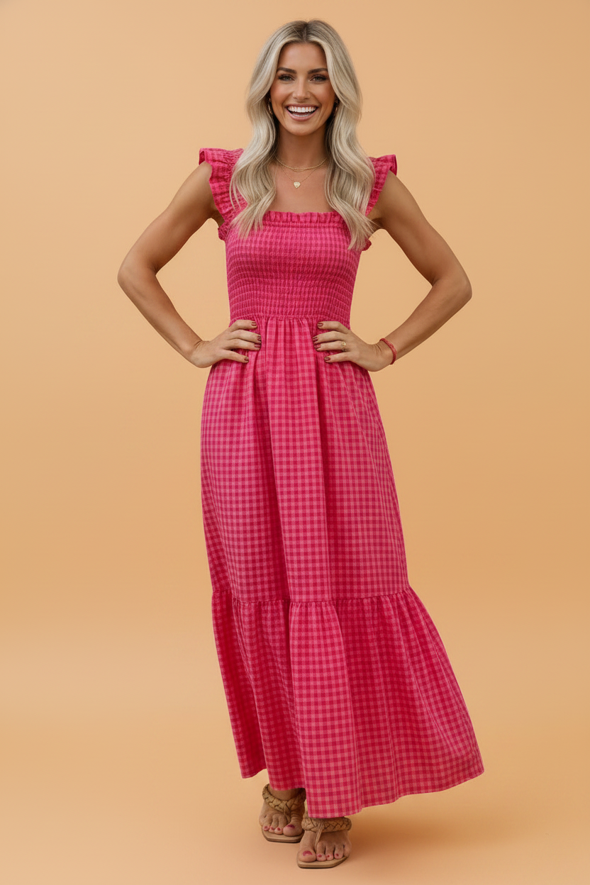 Gingham Plaid Smocked Square Neck Sundress