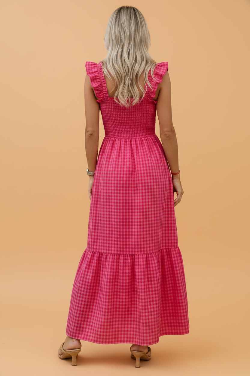 Gingham Plaid Smocked Square Neck Sundress
