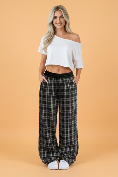 Plaid Frenchy Waist Wide Leg Pants