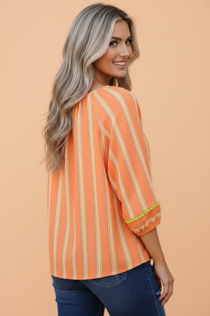 Stripe Tassel Tie Neck 3/4 Sleeve Blouse