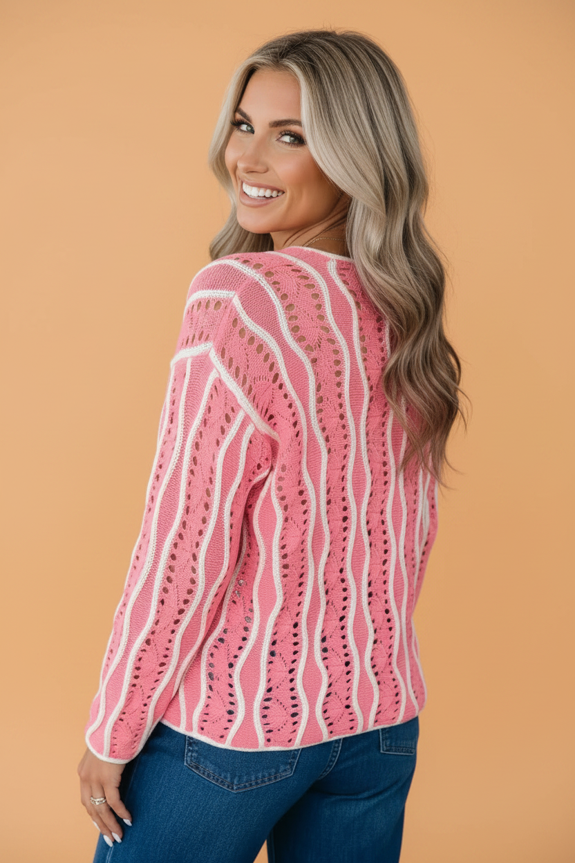 Pink Wavy Pointelle Knit Sweater