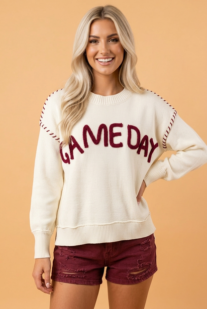 Game Day Embroidered Reverse Seam Sweater