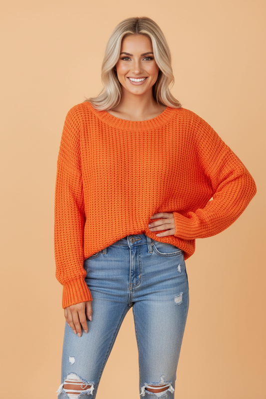 Orange Chunky Knit Ribbed Knit Sweater
