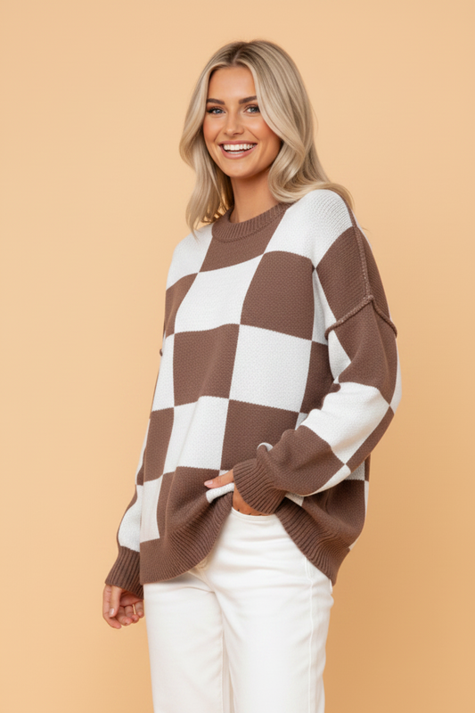Checker Exposed Seam Drop Shoulder Long Sleeve Sweater