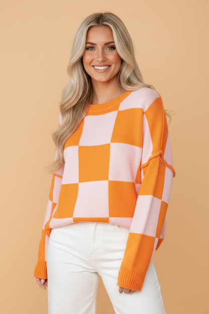 Checker Exposed Seam Drop Shoulder Long Sleeve Sweater