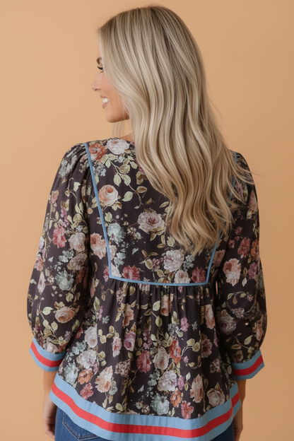 Cotton Floral V-Neck 3/4 Sleeve Blouse