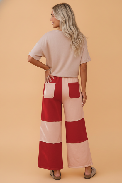 Colorblock Raw Seam Drawstring Wide Leg Pants