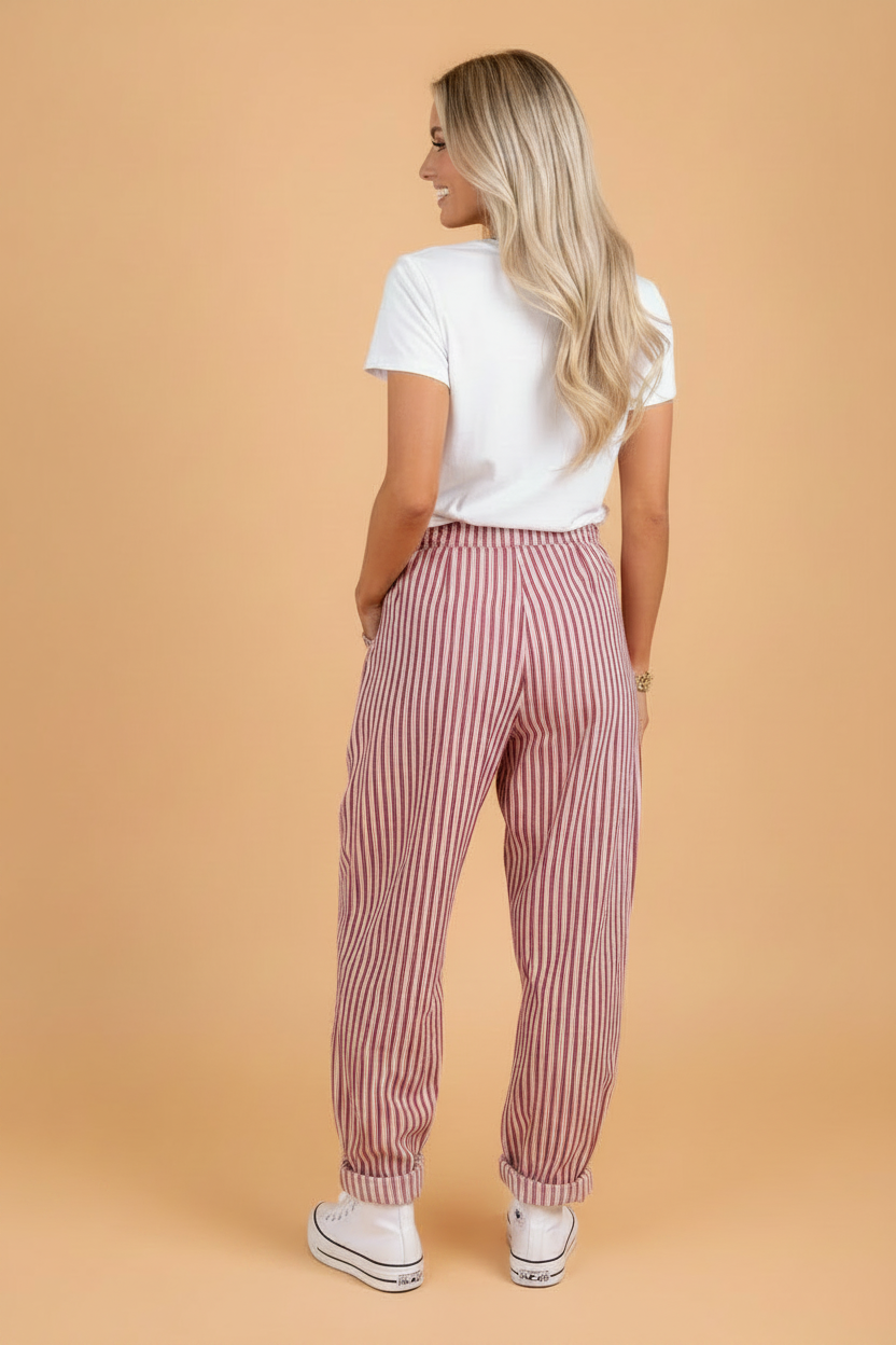 Cotton Stripe Drawstring High Waist Loose Pants