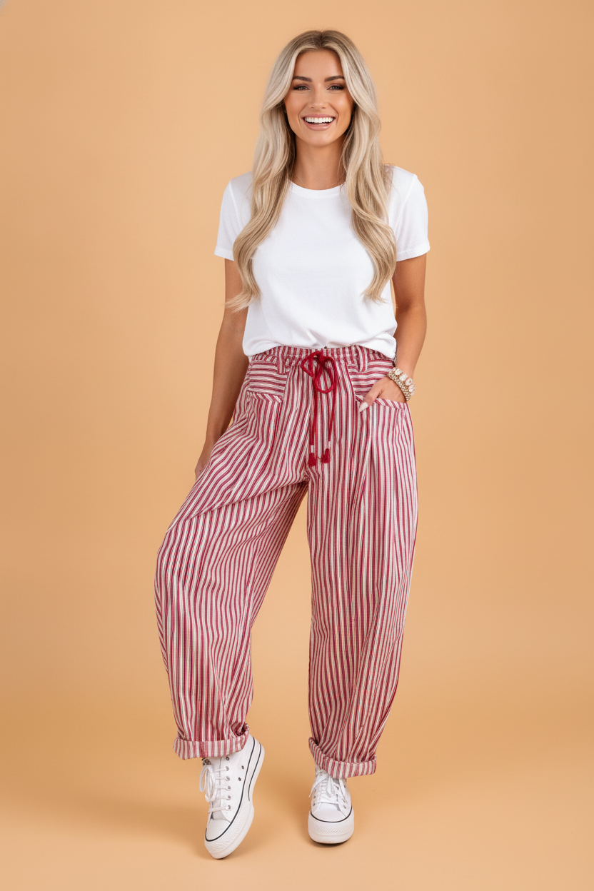 Cotton Stripe Drawstring High Waist Loose Pants