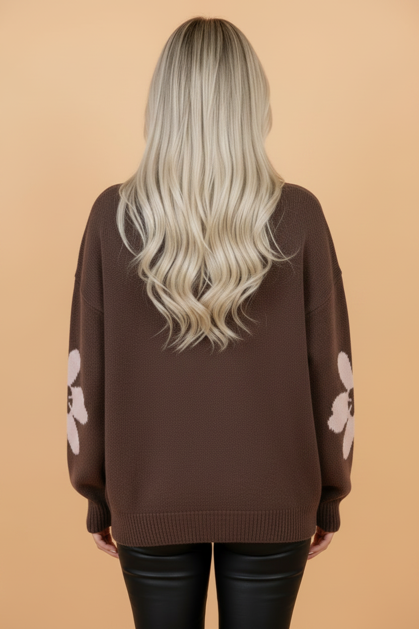Coffee Floral Dropped Shoulder Long Sleeve Sweater