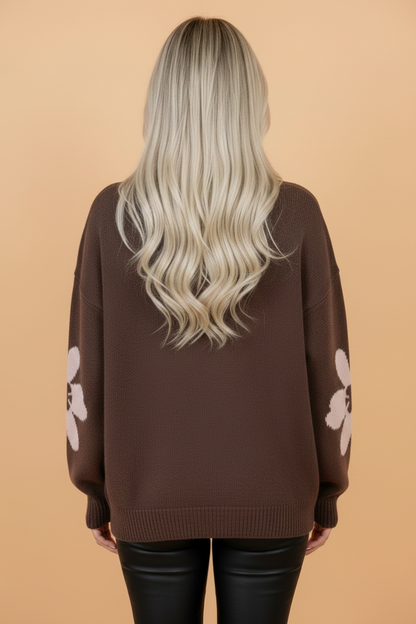 Coffee Floral Dropped Shoulder Long Sleeve Sweater