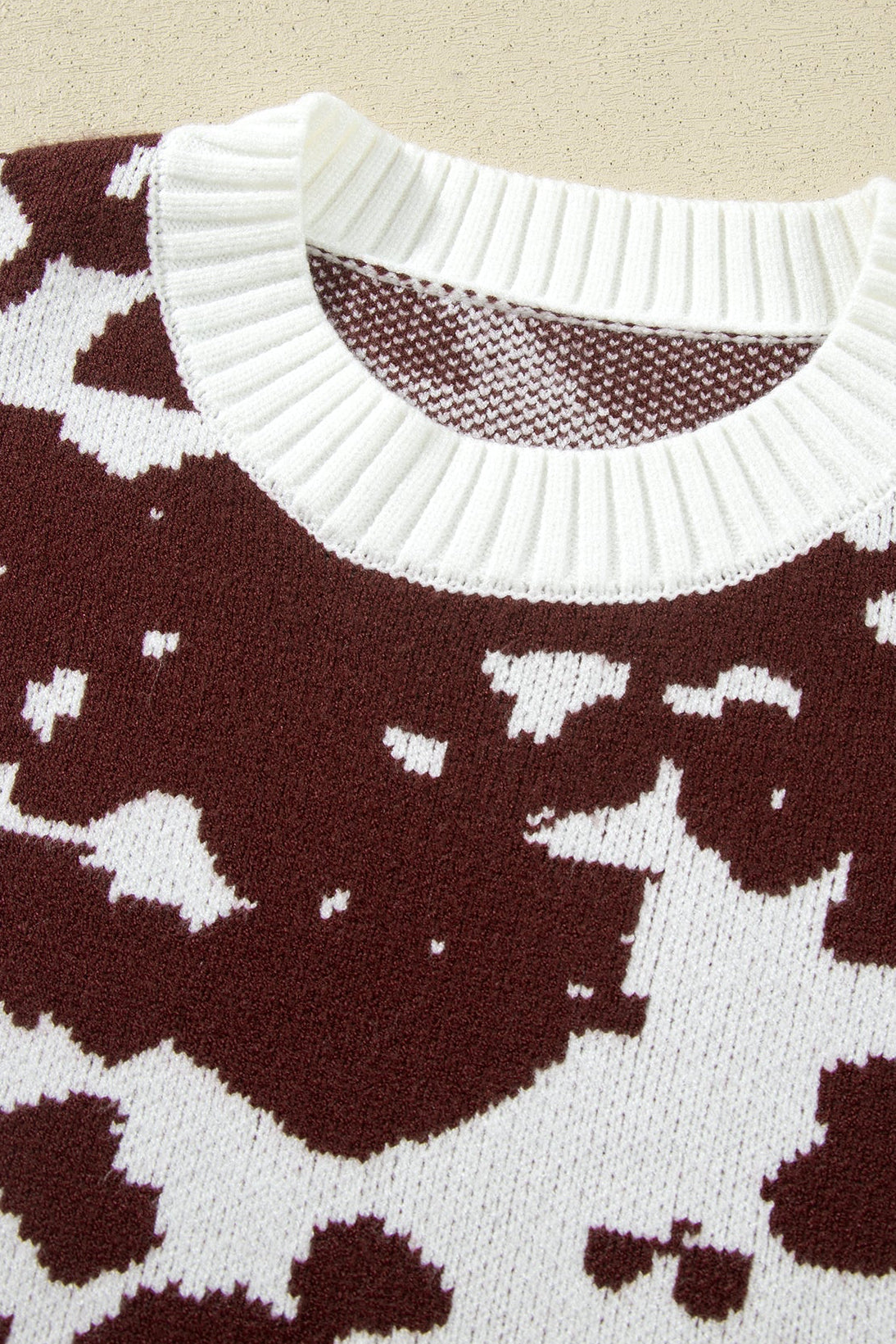 Western Cow Print Ribbed Round Neck Sweater