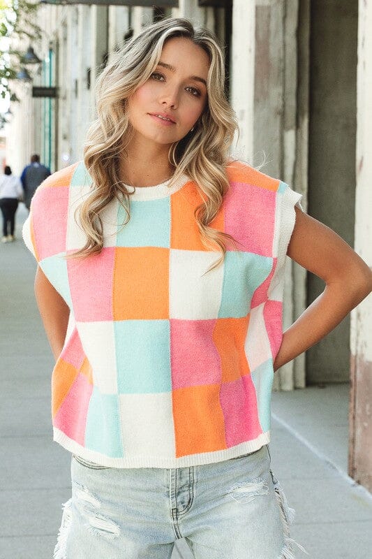 BIBI Multi-Color Checker Sweater Vest short sleeve sweater BiBi 