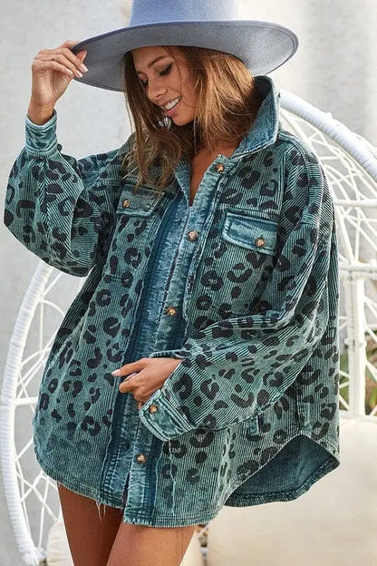BIBI Vintage Washed Leopard Corduroy Jacket Poet Street Boutique