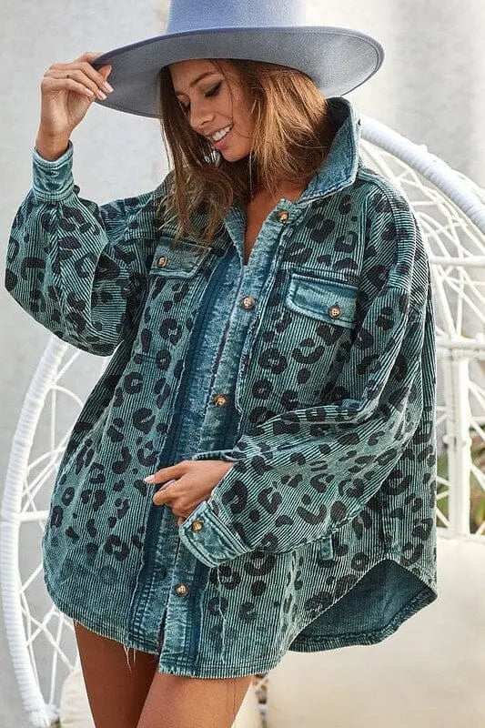 BIBI Vintage Washed Leopard Corduroy Jacket corduroy jackets BiBi VINTAGE TEAL S 