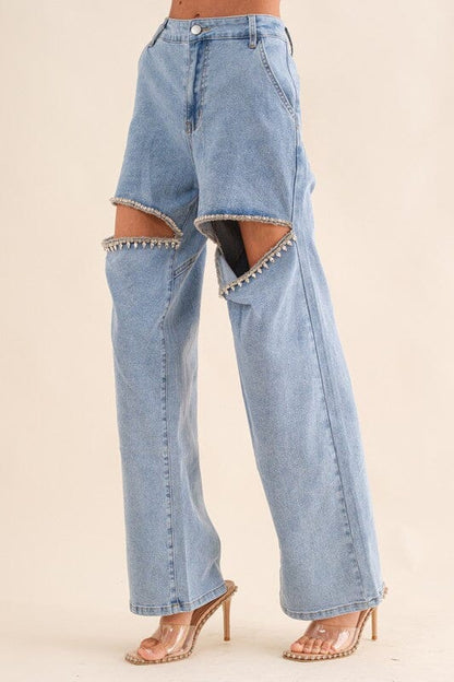 Blue B Washed Denim Cut Front Rhinestone Jeans rhinestone denim jeans Blue B LIGHT WASH S 