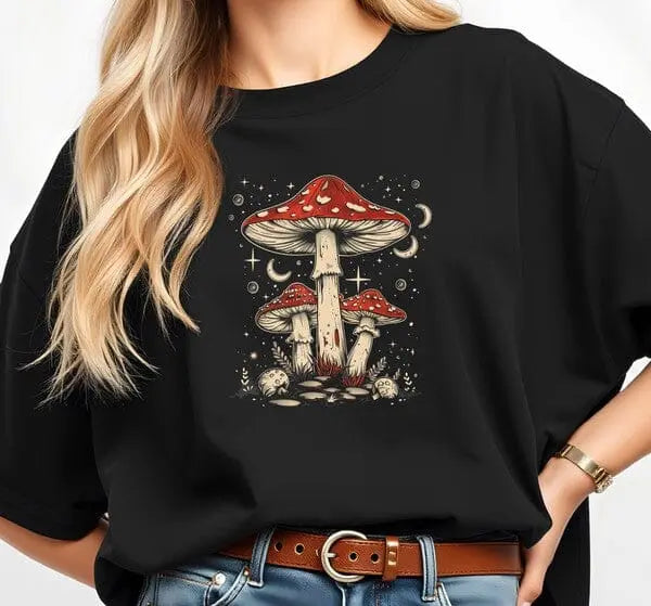 Boho Retro Mushrooms Graphic Tee Ocean and 7th Black S 