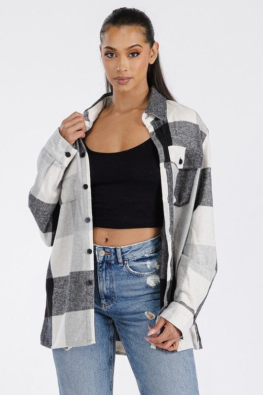 Boyfriend Oversized Soft Flannel Shacket WEIV GREY WHITE 2XL 