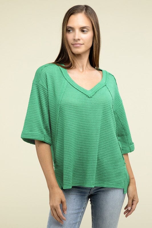 Brushed Waffle Exposed-Seam 3/4 Sleeve Top ZENANA 