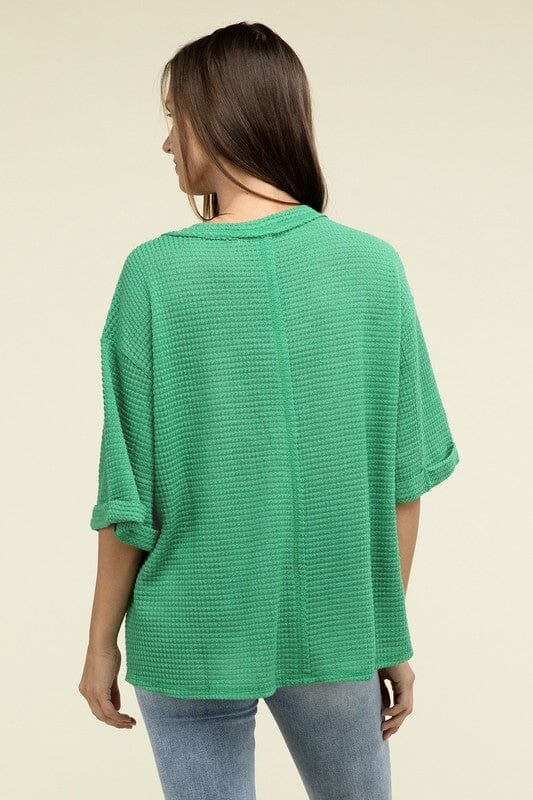 Brushed Waffle Exposed-Seam 3/4 Sleeve Top ZENANA 