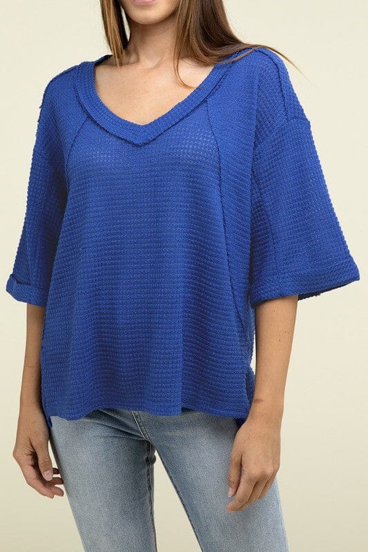 Brushed Waffle Exposed-Seam 3/4 Sleeve Top ZENANA LT NAVY S/M 