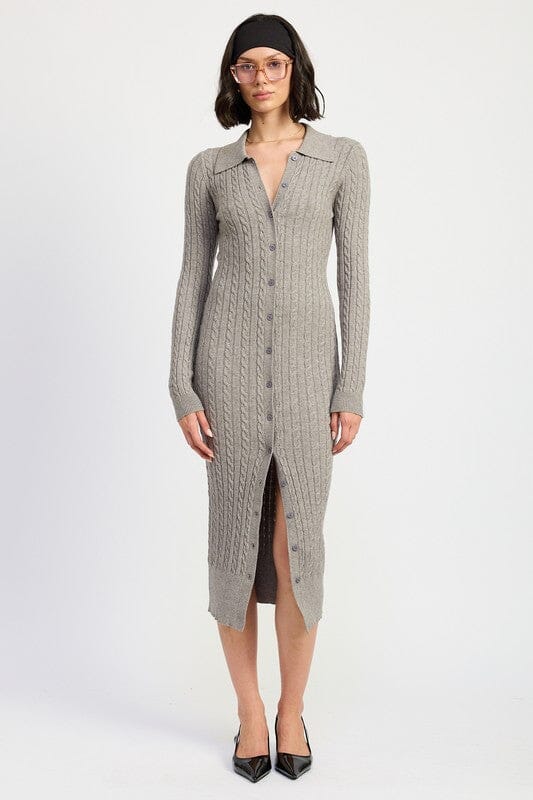 BUTTONED LONG SLEEVE CABLE KNIT DRESS Emory Park MED GREY S 